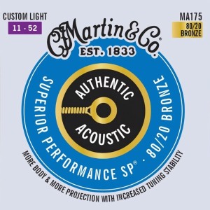 Martin MA175 Authentic Acoustic Guitar Strings, Superior Performance Custom Light 11-52, 80/20 Bronze